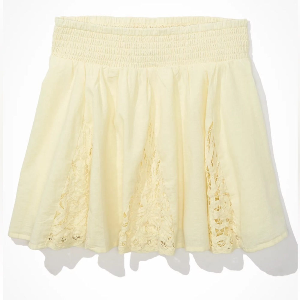 4/$20 American Eagle crochet skater linen blend smocked yellow skirt- size Small - Picture 3 of 8